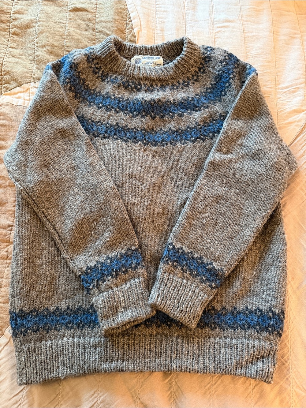 Men's Gray Crewneck Wool Sweater with Blue Fair Isle Yoke